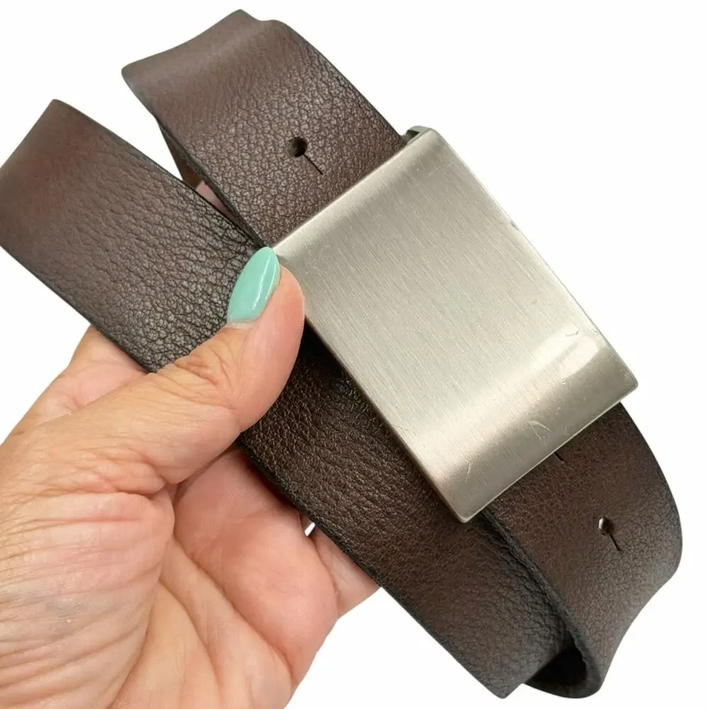 Vintage Banana Republic 90s Y2K Brown Italian Leather Men's Plaque Belt Size 38